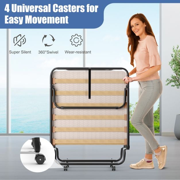 Rollaway Folding Bed with Memory Foam Mattress Guest Bed with Wheels-Beige