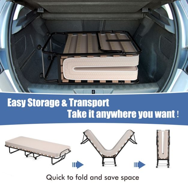 Rollaway Folding Bed with Memory Foam Mattress Guest Bed with Wheels-Beige