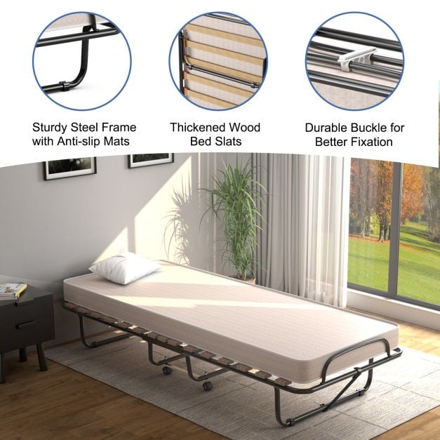 Rollaway Folding Bed with Memory Foam Mattress Guest Bed with Wheels-Beige