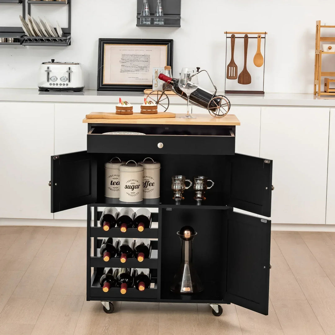 Rolling Mixing Cart Rack Rolling Kitchen Cart with 3 Tier Wine Racks and Cupboards – TidySpaces