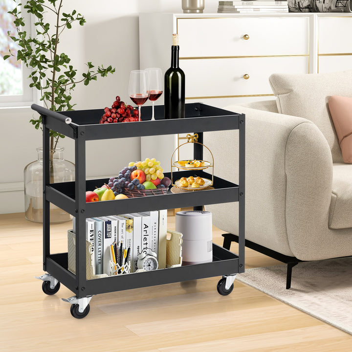 3 Shelf Rolling Metal Utility Cart with Ergonomic Handle - TidySpaces