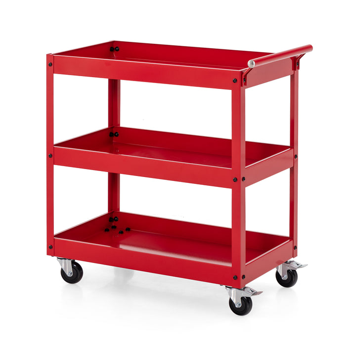 3 Shelf Rolling Metal Utility Cart with Ergonomic Handle Red - TidySpaces