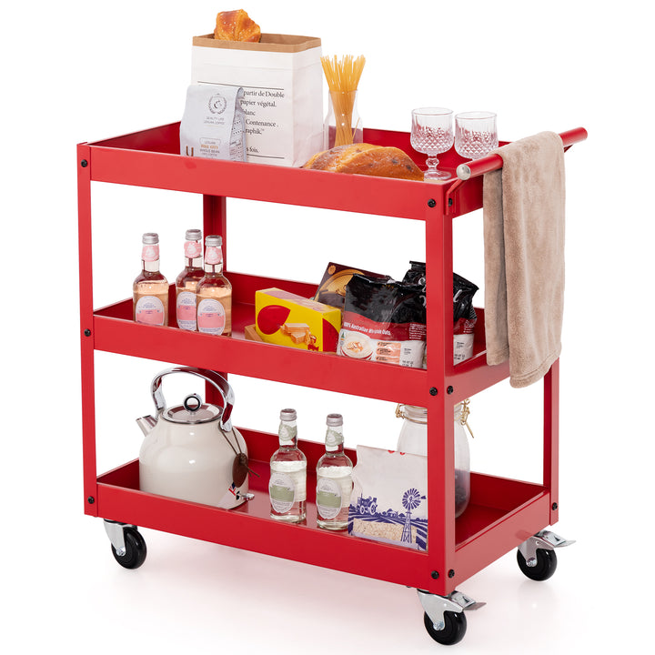 3 Shelf Rolling Metal Utility Cart with Ergonomic Handle - TidySpaces