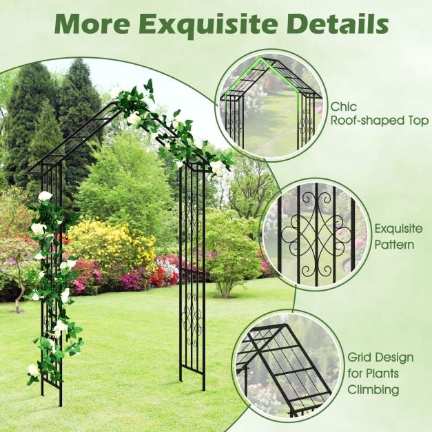Roof-shaped Top Garden Arbor Garden Trellis Pergola with Side Crossbars-Black