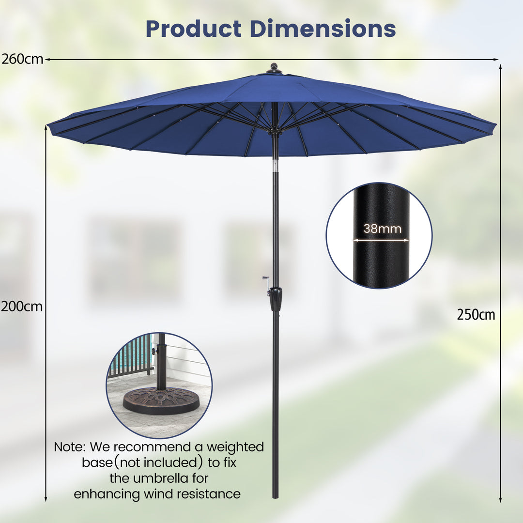 260 cm Round Patio Umbrella with 18 Fiberglass Ribs