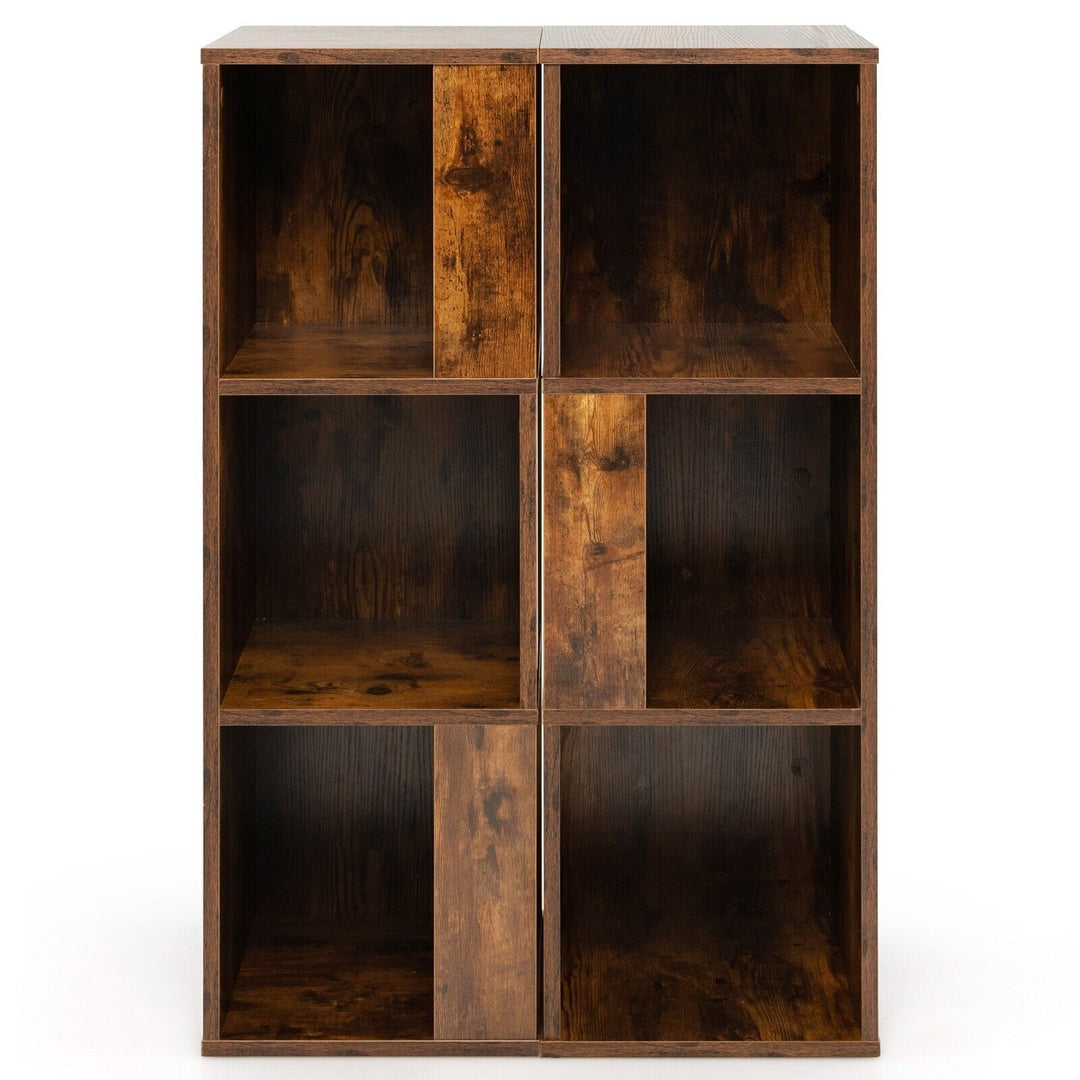 2 Pieces 3 Tier Wooden Storage Bookcase Rustic Brown - TidySpaces