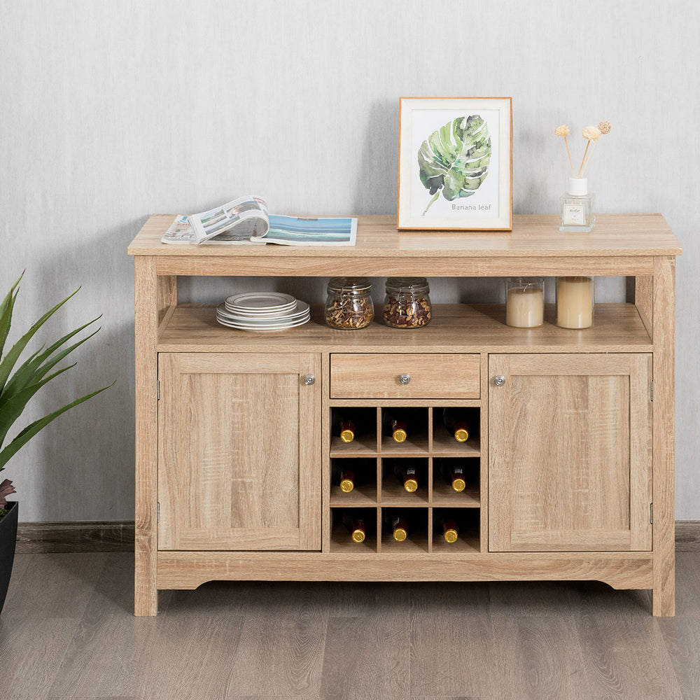 Rustic Cupboard Storage Organizer with 2 Cabinets and 1 Drawer 9-Bottle Wine Rack-Natural - TidySpaces