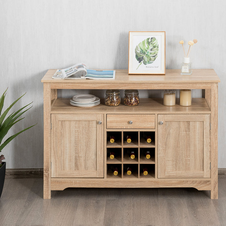 Rustic Cupboard Storage Organizer with 2 Cabinets and 1 Drawer 9-Bottle Wine Rack-Natural - TidySpaces