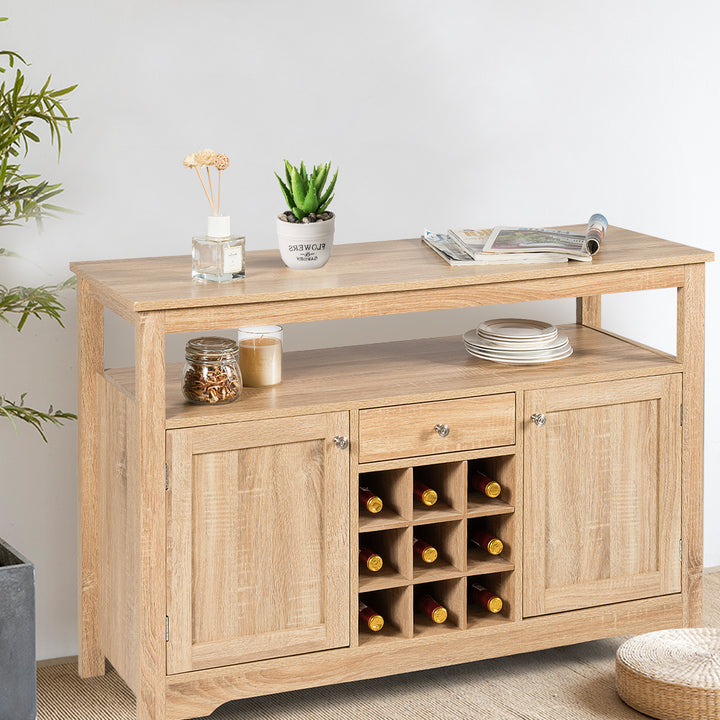 Rustic Cupboard Storage Organizer with 2 Cabinets and 1 Drawer 9-Bottle Wine Rack-Natural - TidySpaces