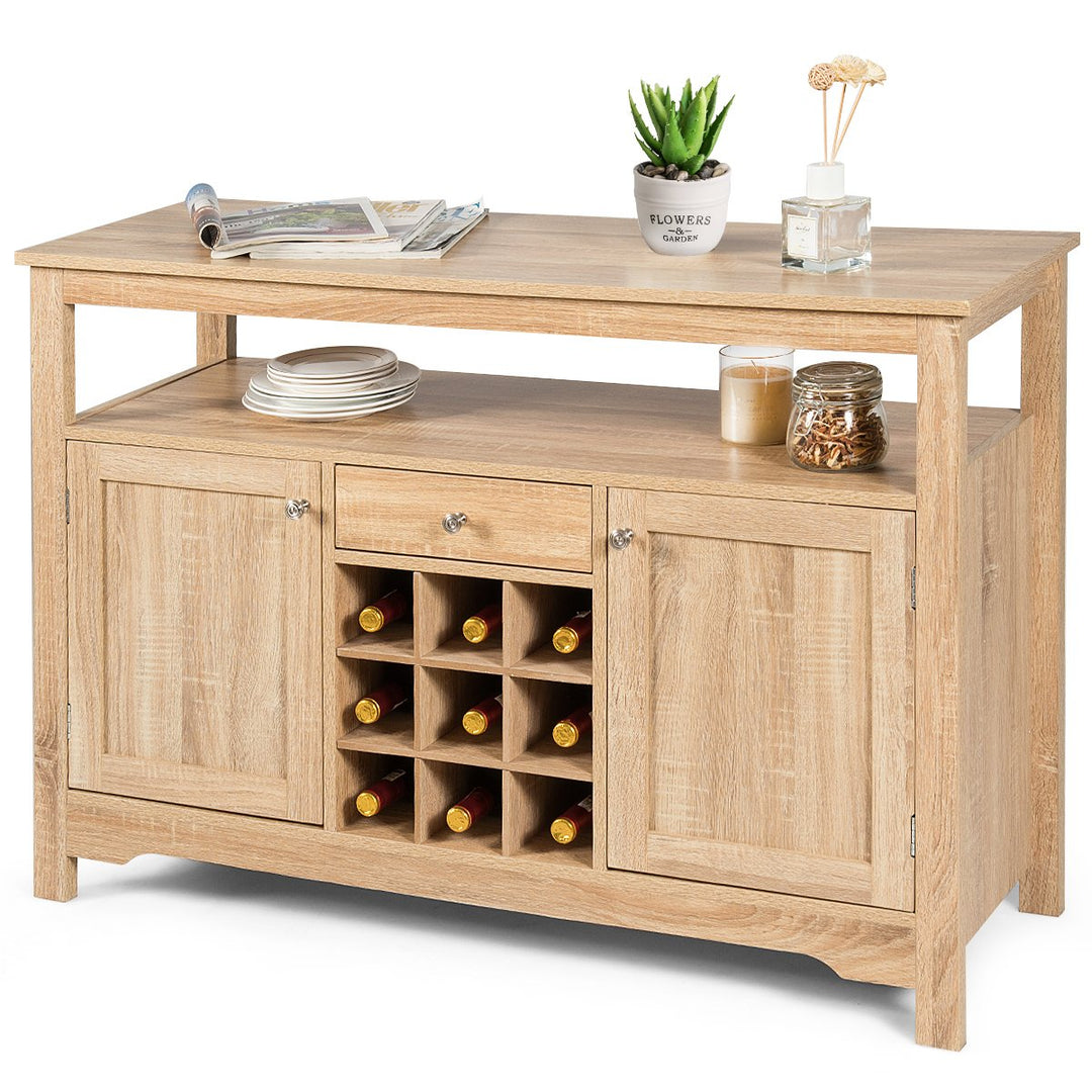 Rustic Cupboard Storage Organizer with 2 Cabinets and 1 Drawer 9-Bottle Wine Rack-Natural - TidySpaces