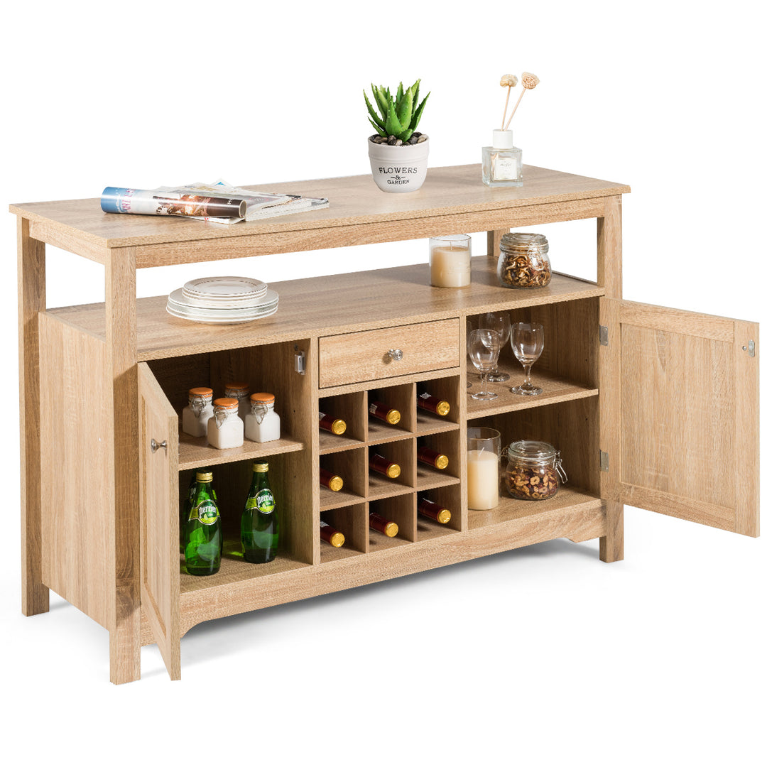 Rustic Cupboard Storage Organizer with 2 Cabinets and 1 Drawer 9-Bottle Wine Rack-Natural - TidySpaces