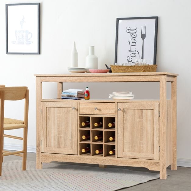 Rustic Cupboard Storage Organizer with 2 Cabinets and 1 Drawer 9-Bottle Wine Rack-Natural - TidySpaces