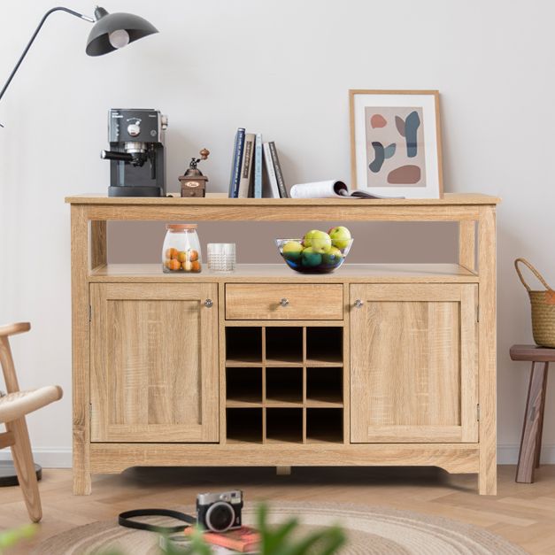 Rustic Cupboard Storage Organizer with 2 Cabinets and 1 Drawer 9-Bottle Wine Rack-Natural - TidySpaces
