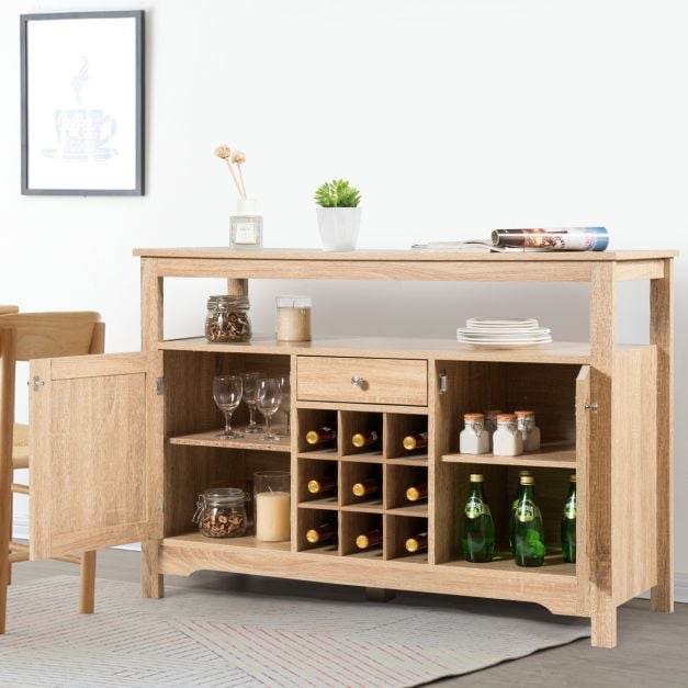 Rustic Cupboard Storage Organizer with 2 Cabinets and 1 Drawer 9-Bottle Wine Rack-Natural - TidySpaces