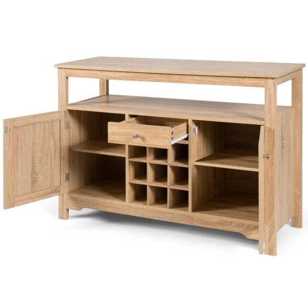 Rustic Cupboard Storage Organizer with 2 Cabinets and 1 Drawer 9-Bottle Wine Rack-Natural - TidySpaces