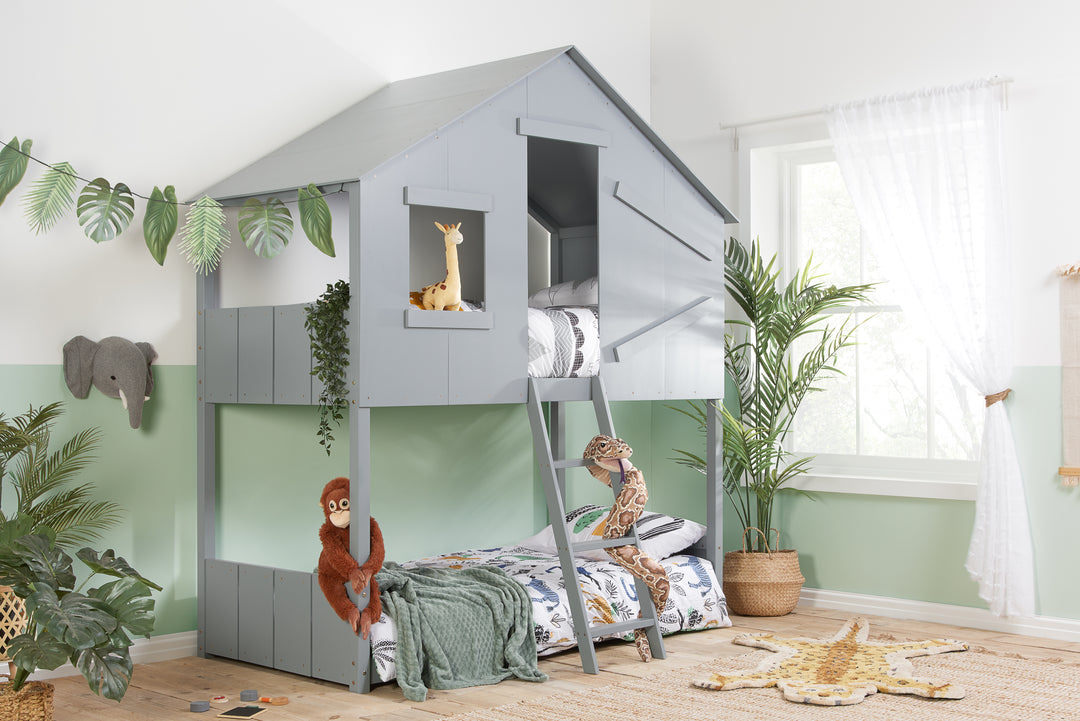 Safari Bunk Bed with Cosy Shelter and Traditional Pitch Roof for Imaginative Play