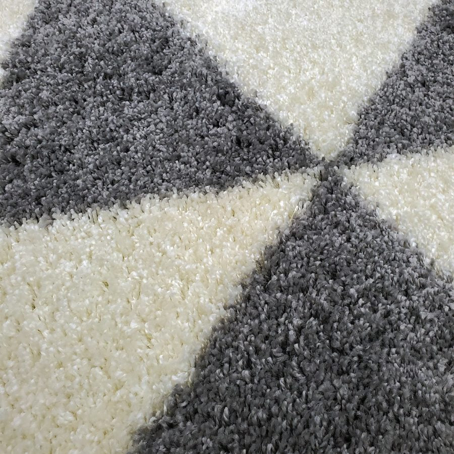 Grey Cream Fluffy Shaggy Rug Geometric - TidySpaces