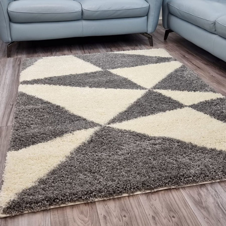 Grey Cream Fluffy Shaggy Rug Geometric