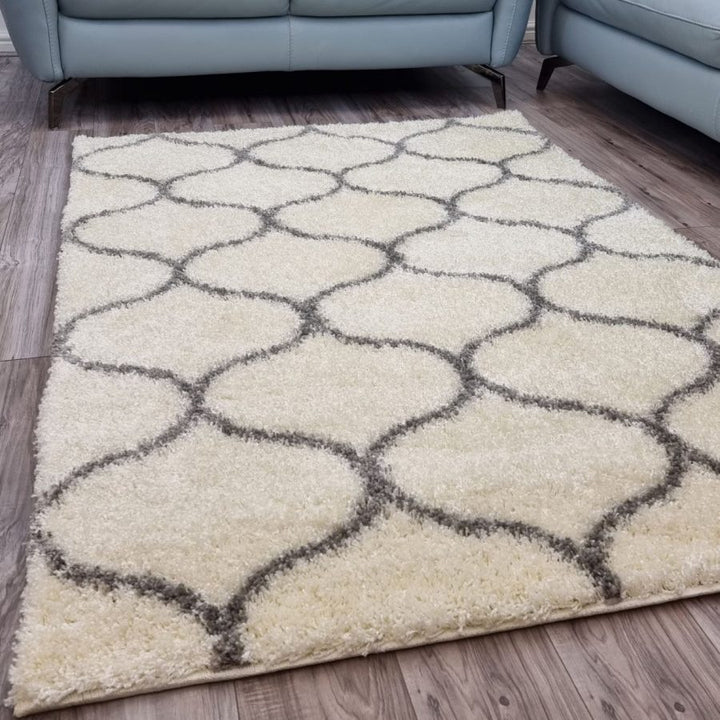 Cream and Grey Fluffy Shaggy Rug Trellis Pattern Cream Grey - TidySpaces