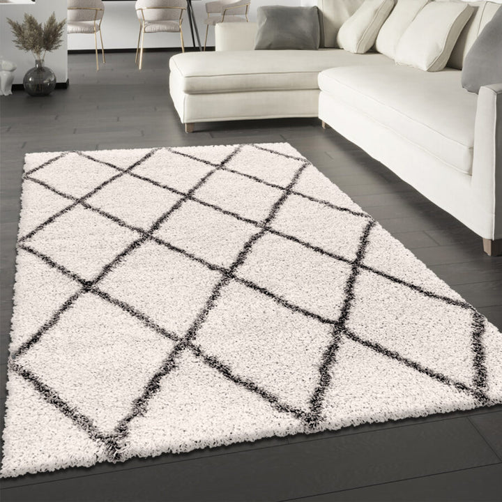 Cream Fluffy Shaggy Rug Diamond Geometric Cream - TidySpaces