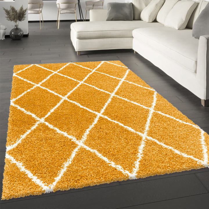 Mustard Fluffy Shaggy Rug Diamond Geometric Mustard - TidySpaces