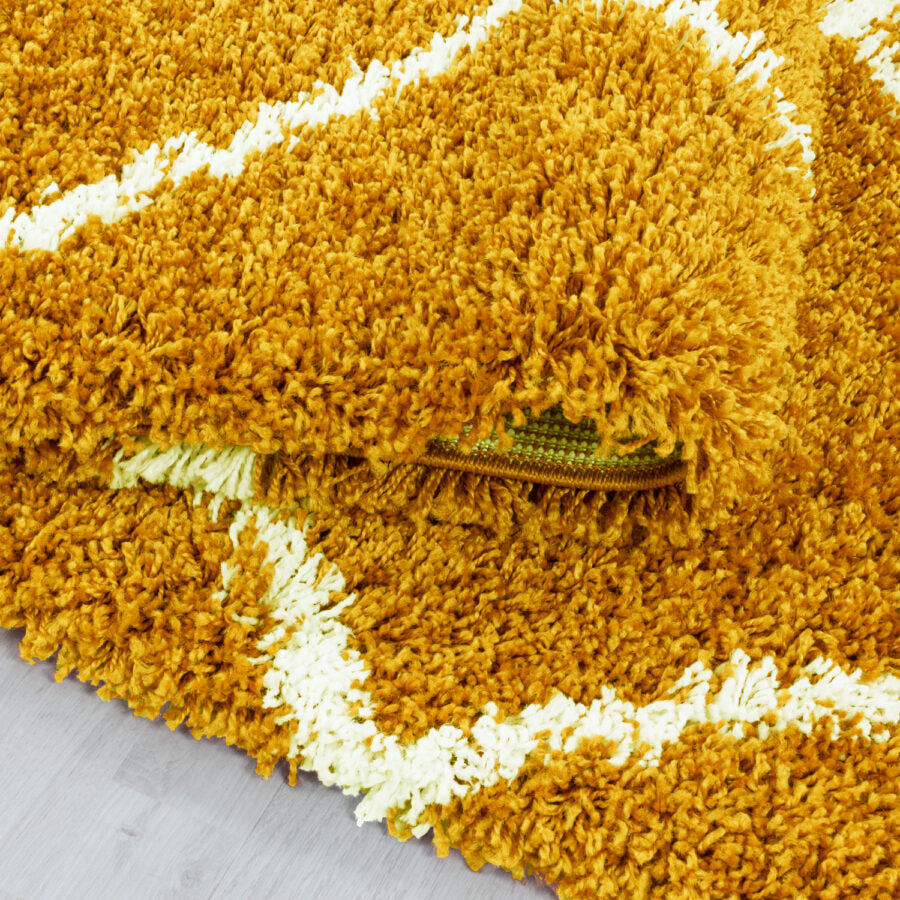 Mustard Fluffy Shaggy Rug Diamond Geometric