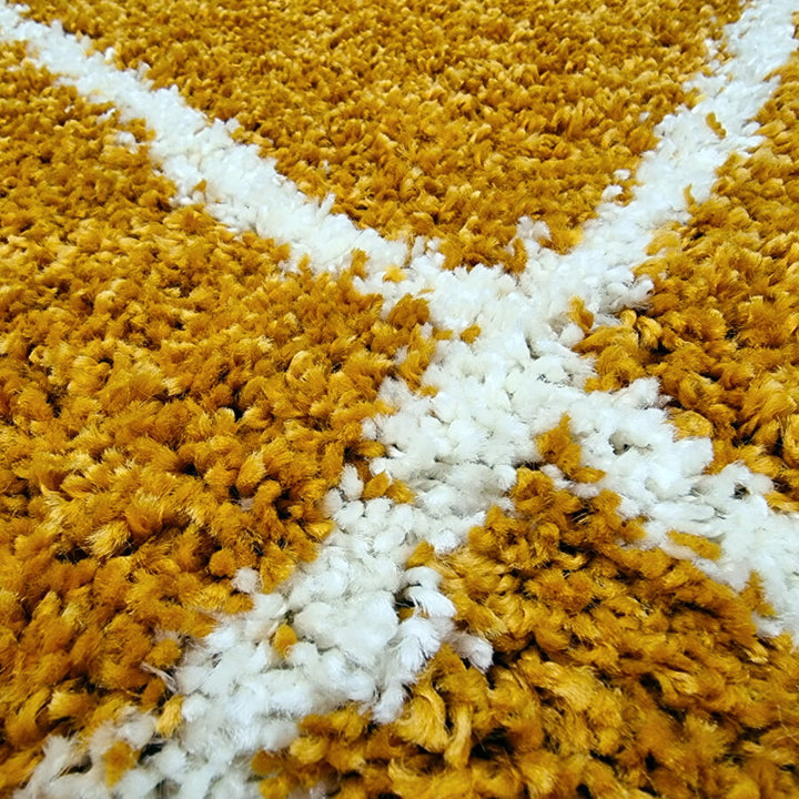 Mustard Fluffy Shaggy Rug Diamond Geometric