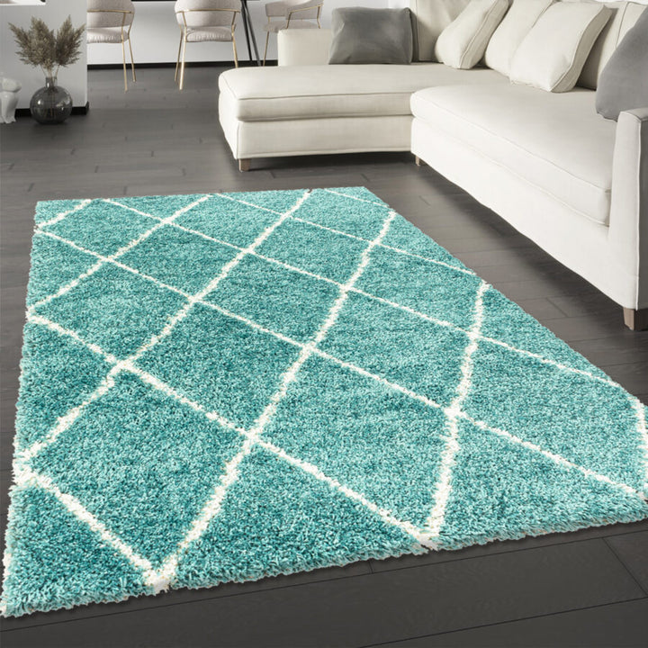 Teal Light Blue Fluffy Shaggy Rug Diamond Geometric