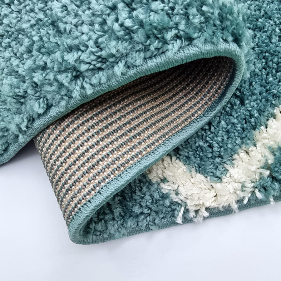 Teal Light Blue Fluffy Shaggy Rug Diamond Geometric