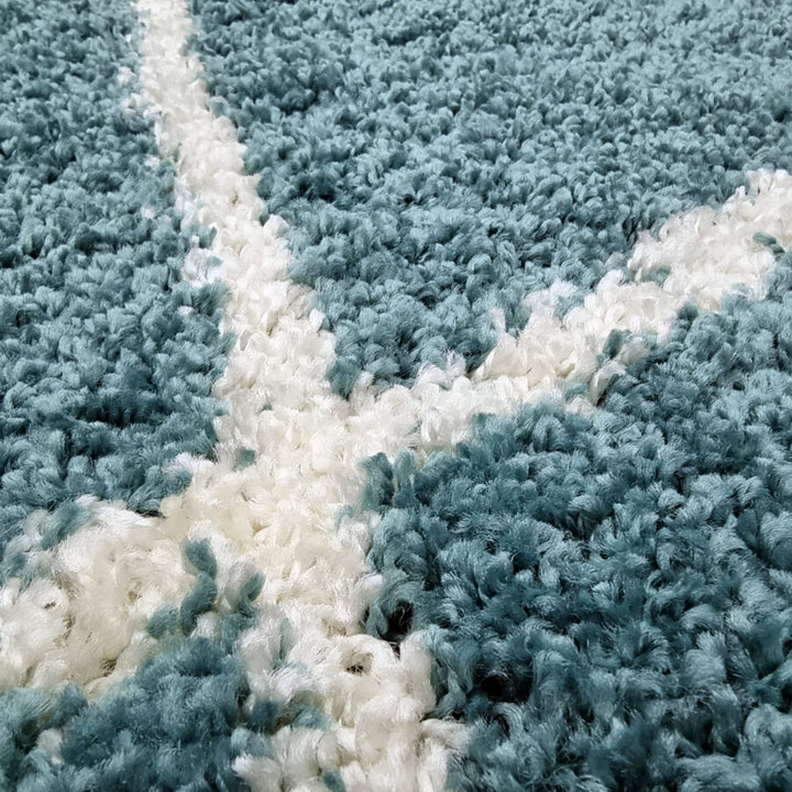 Teal Light Blue Fluffy Shaggy Rug Diamond Geometric