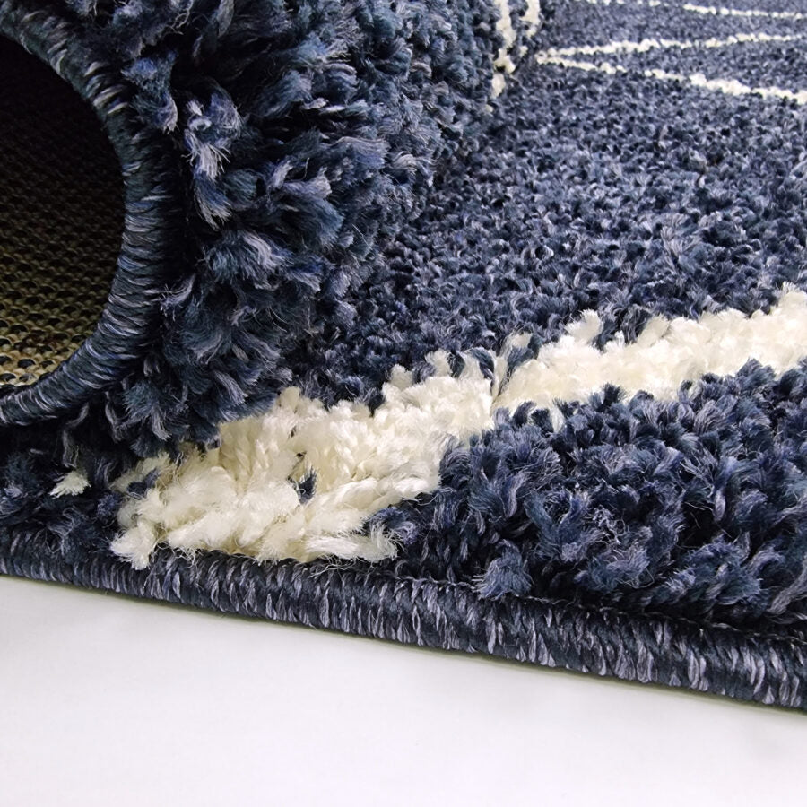 Navy Blue Fluffy Shaggy Rug Diamond Geometric