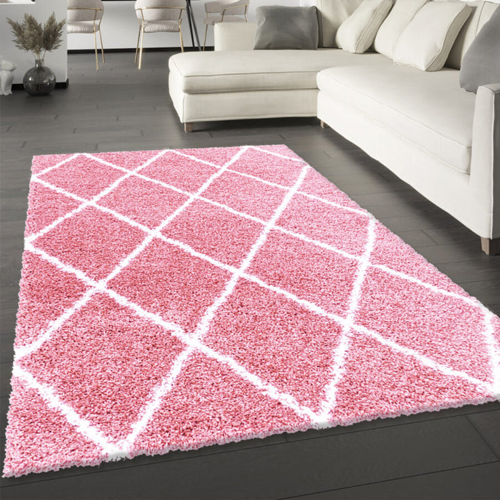 Pink Fluffy Shaggy Rug Diamond Geometric Pink - TidySpaces