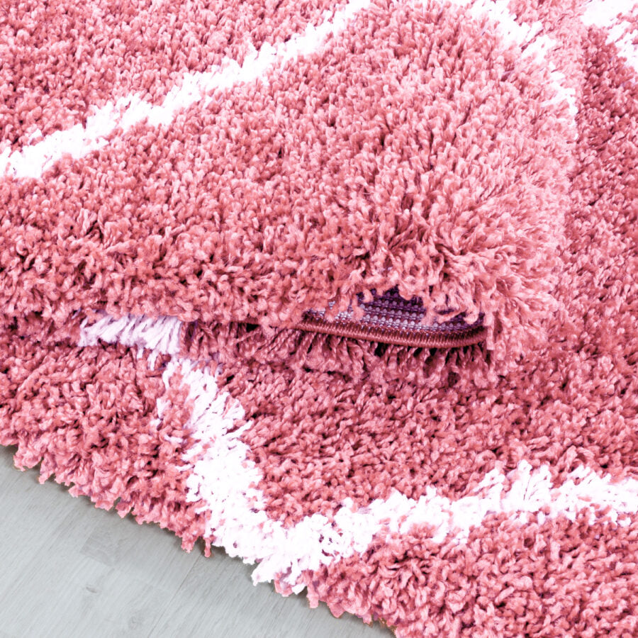 Pink Fluffy Shaggy Rug Diamond Geometric