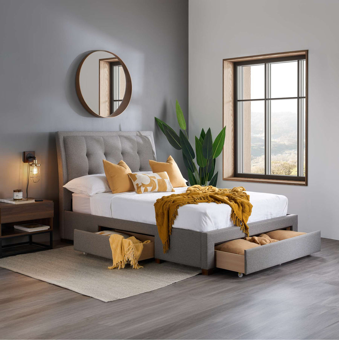 Sophisticated Shelby Bed with Storage Drawers and Deep-Buttoned Headboard