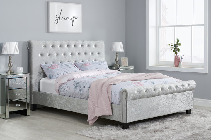 Sienna Fabric Bed with Luxury Crushed Steel Velvet Upholstery and Rolled Headboard Design