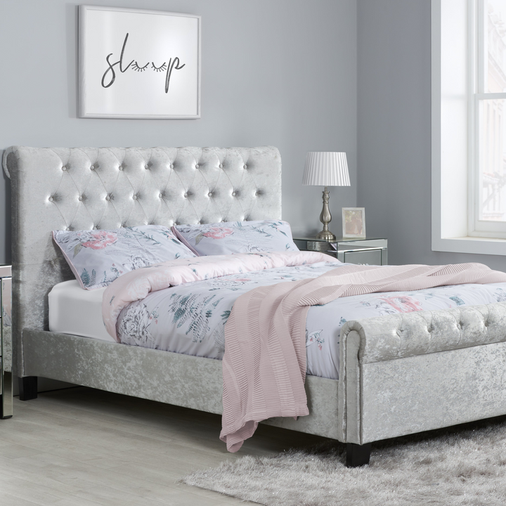Sienna Fabric Bed with Luxury Crushed Steel Velvet Upholstery and Rolled Headboard Design