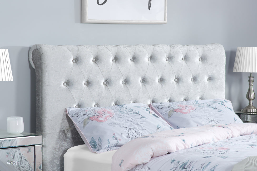 Sienna Fabric Bed with Luxury Crushed Steel Velvet Upholstery and Rolled Headboard Design