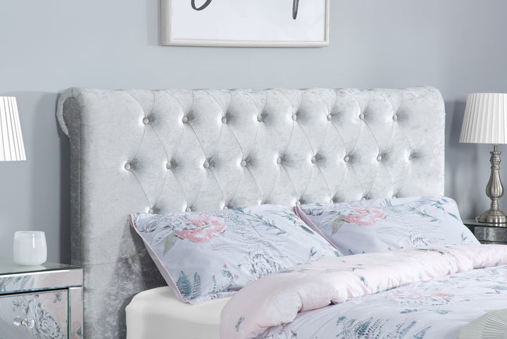 Sienna Fabric Bed with Luxury Crushed Steel Velvet Upholstery and Rolled Headboard Design