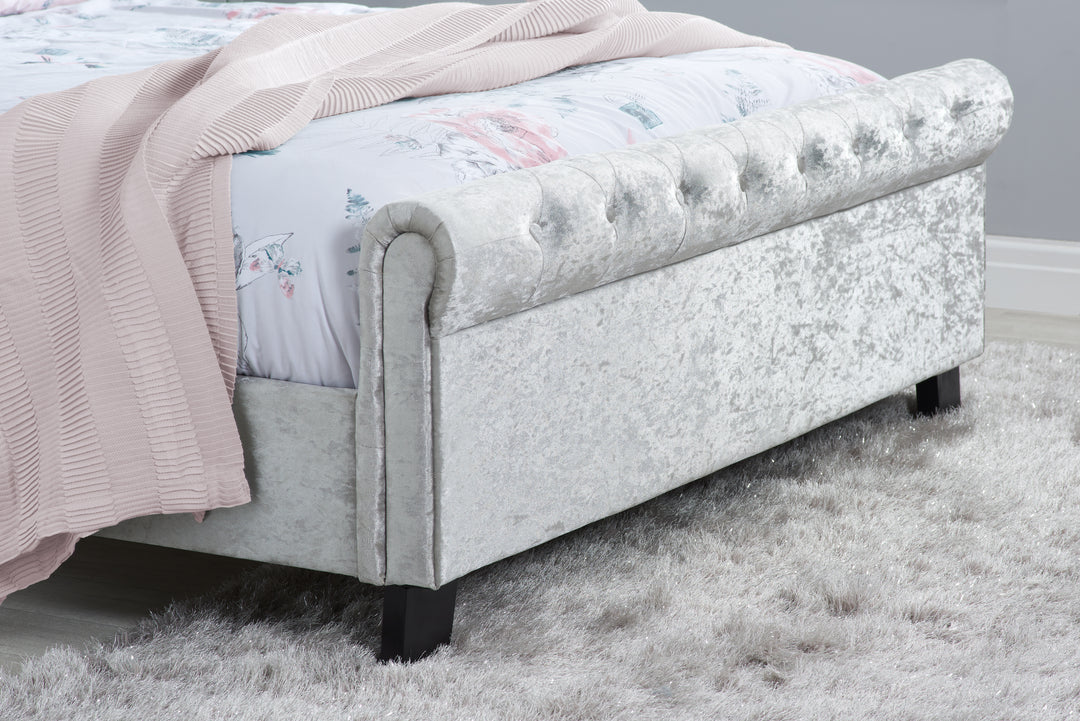 Sienna Fabric Bed with Luxury Crushed Steel Velvet Upholstery and Rolled Headboard Design