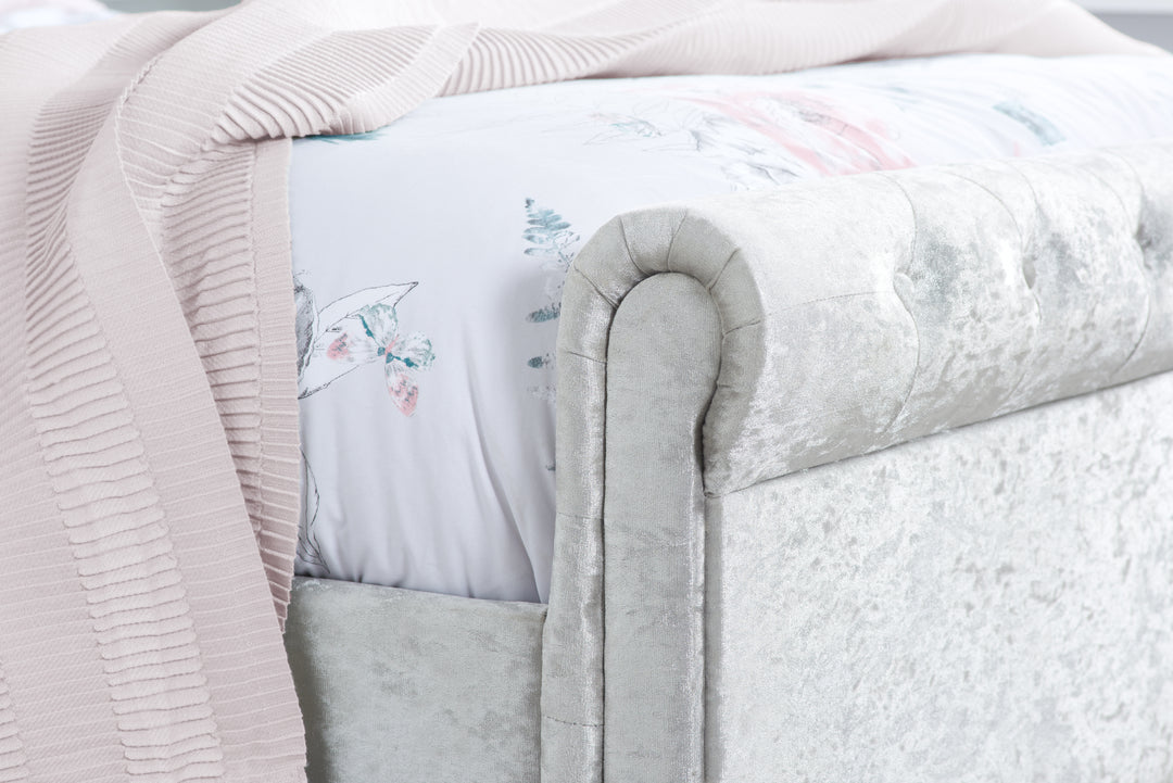 Sienna Fabric Bed with Luxury Crushed Steel Velvet Upholstery and Rolled Headboard Design
