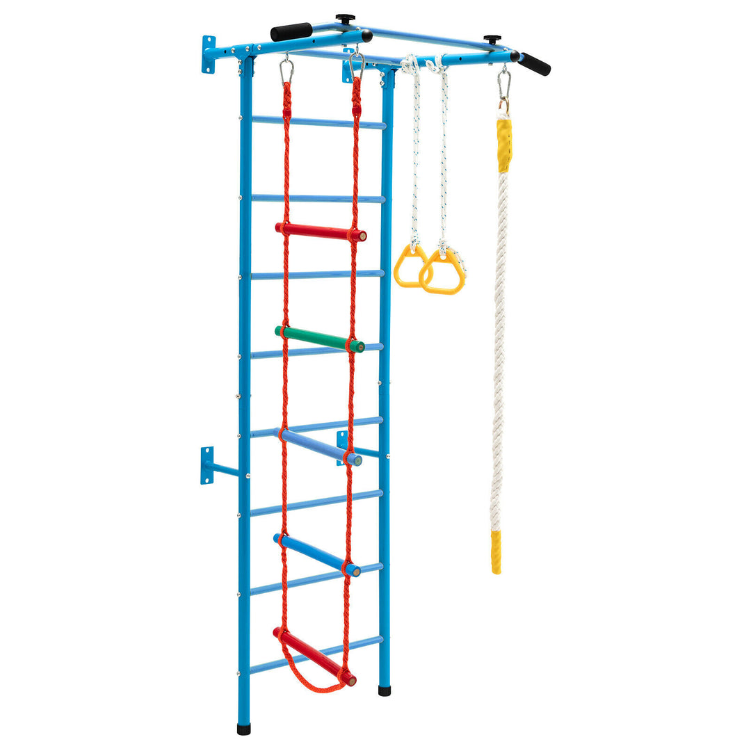 Swedish Ladder Set with Climbing Frame Pull up Bar Ropes and Rings Blue - TidySpaces