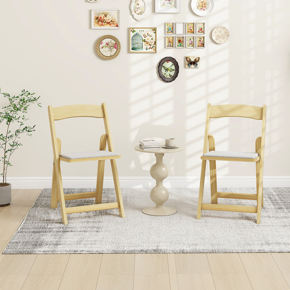 Set of 2 Foldable Kitchen Chair with Rubber Wood Legs and Padded Seat-Natural - TidySpaces