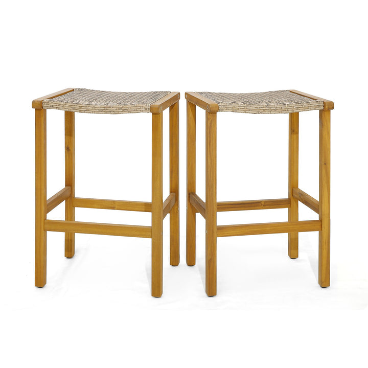 76cm Bar Height Chairs with Acacia Wood Frame and PE Wicker Saddle-Seat