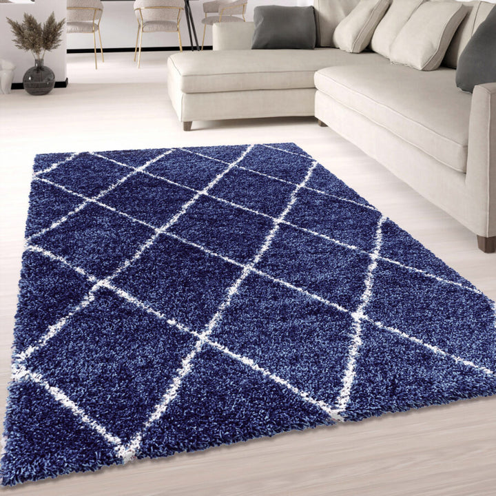 Navy Blue Fluffy Shaggy Rug Diamond Geometric