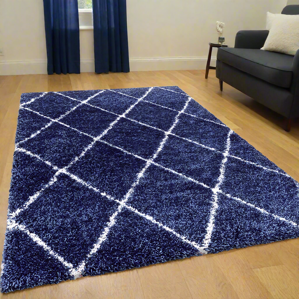 Navy Blue Fluffy Shaggy Rug Diamond Geometric