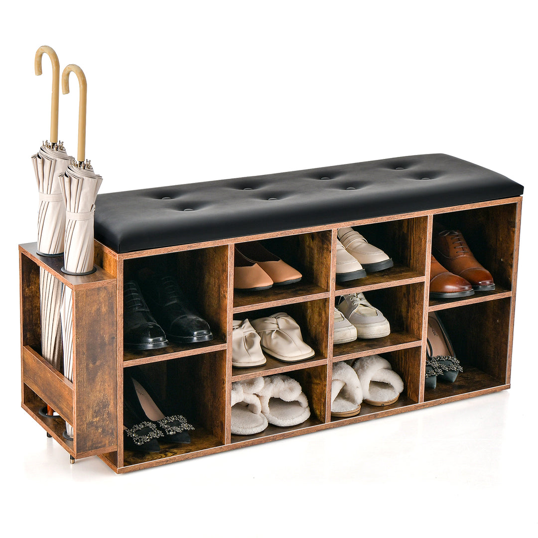 Shoe Storage Bench with Umbrella Stand, Adjustable Shelf and Padded Cushion Rustic Brown - TidySpaces