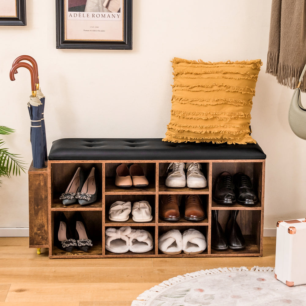 Shoe Storage Bench with Umbrella Stand, Adjustable Shelf and Padded Cushion Rustic Brown - TidySpaces