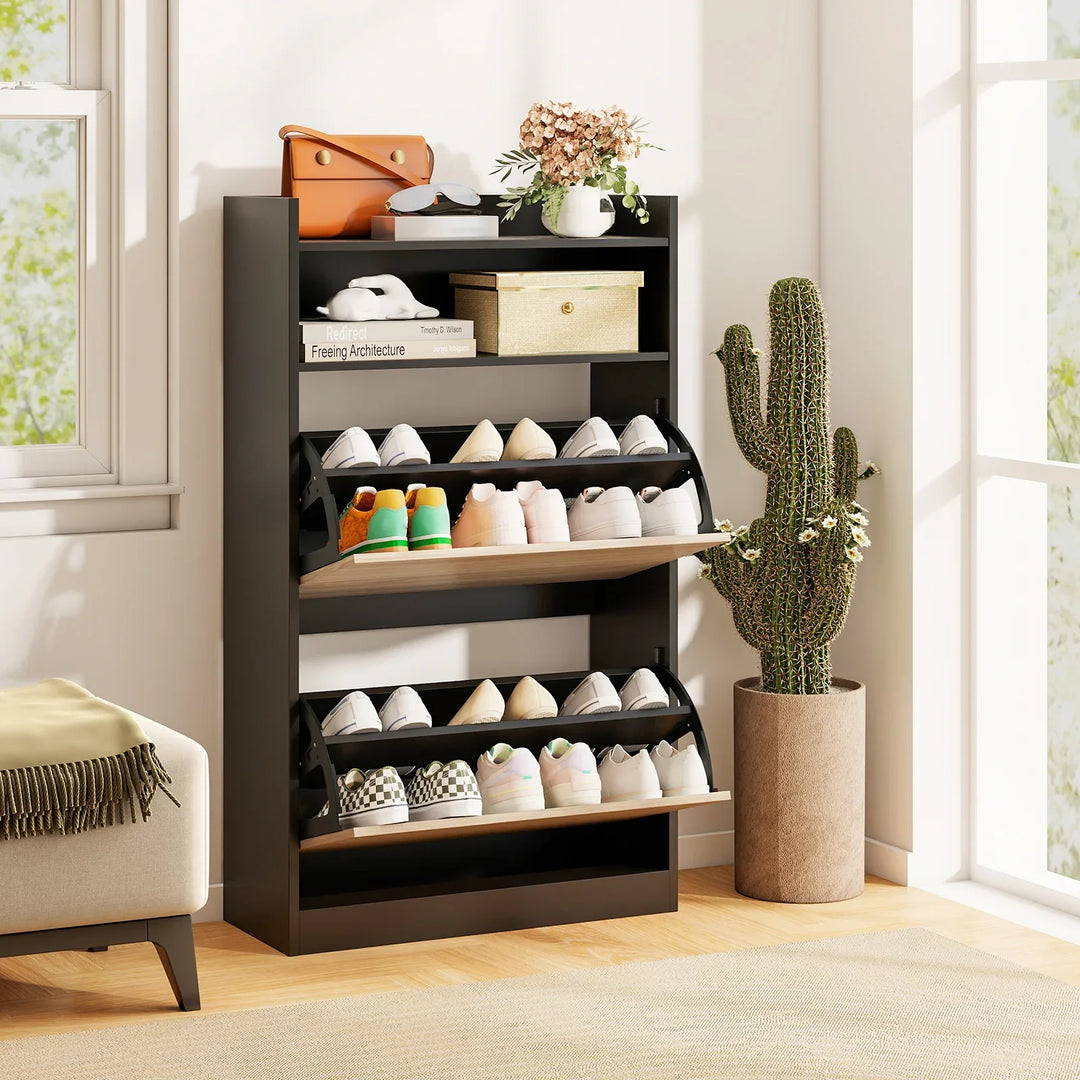 Shoe Storage Cabinet with 2 Flip Drawers and Open Storage-Black - TidySpaces