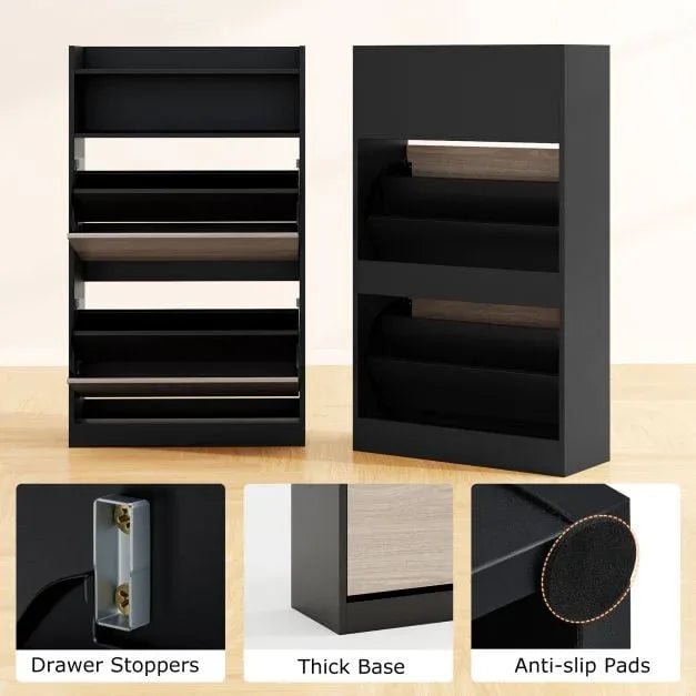 Shoe Storage Cabinet with 2 Flip Drawers and Open Storage-Black - TidySpaces