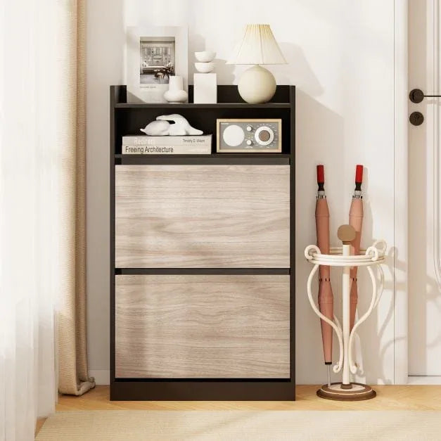 Shoe Storage Cabinet with 2 Flip Drawers and Open Storage-Black - TidySpaces